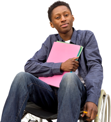 Young disabled student sitting in a wheelchair holding folders